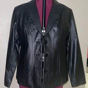East5th genuine leather black coat Sz XL fully lined. Button up Great condition
